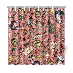 Old School Tattoo Shower Curtain - vintage tattoo flash novelty shower curtain